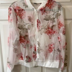 SHEIN Red and White Sheer Floral Bomber Jacket